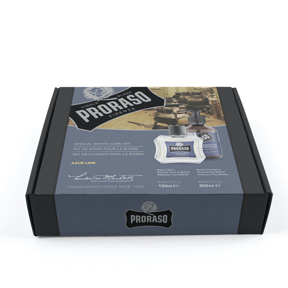 Das Proraso Bartpflege-Set "Azur Lime" in seiner eleganten Verpackung bietet hochwertiges Bartbalsam und Bartshampoo für die optimale Bartpflege. Ideal als Geschenk oder für die eigene tägliche Routine, sorgt es für einen gepflegten und erfrischenden Bart.