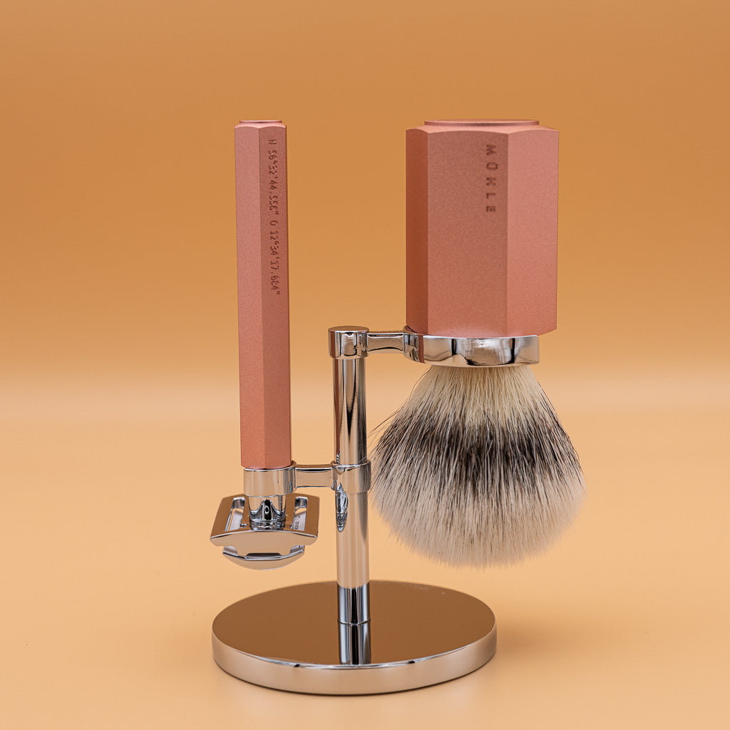 MÜHLE Hexagon Sunrise Rasierset bestehend aus verchromten Ständer, Rasierhobel & Rasierpinsel 