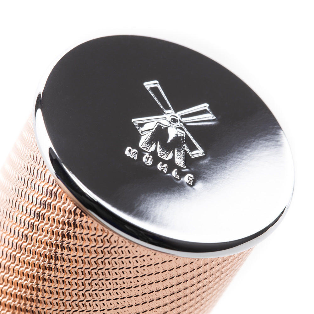 MÜHLE Rasierpinsel Traditional Metall rot vergoldet Unterseite mit MÜHLE Logo