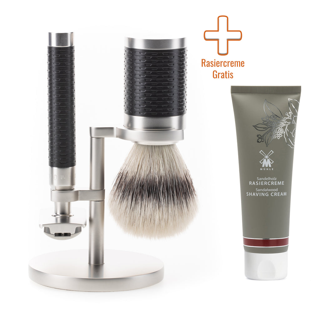 MÜHLE Rocca Edelstahl Schwarz Rasierset inkl. Rasiercreme