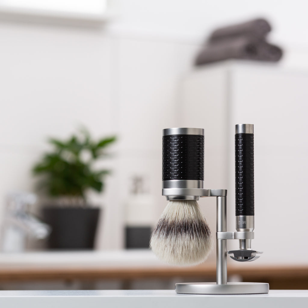 MÜHLE Rocca Edelstahl Schwarz Rasierset im Bad