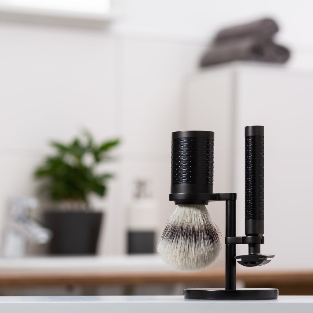 MÜHLE Rocca Edelstahl Schwarz Rasierset im Bad