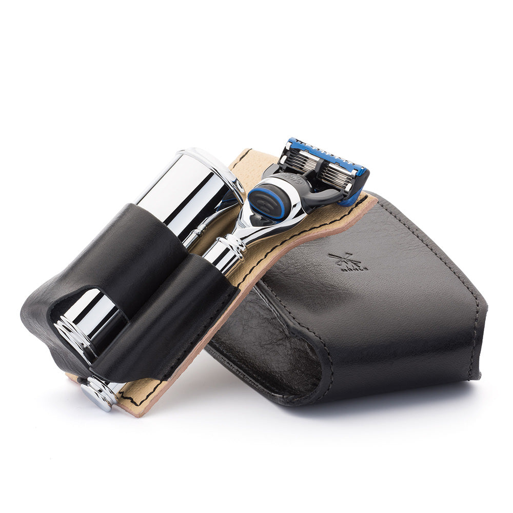 Reise Rasierset von MÜHLE mit Gillette® Fusion™ im schwarzen Leder Reiseetui