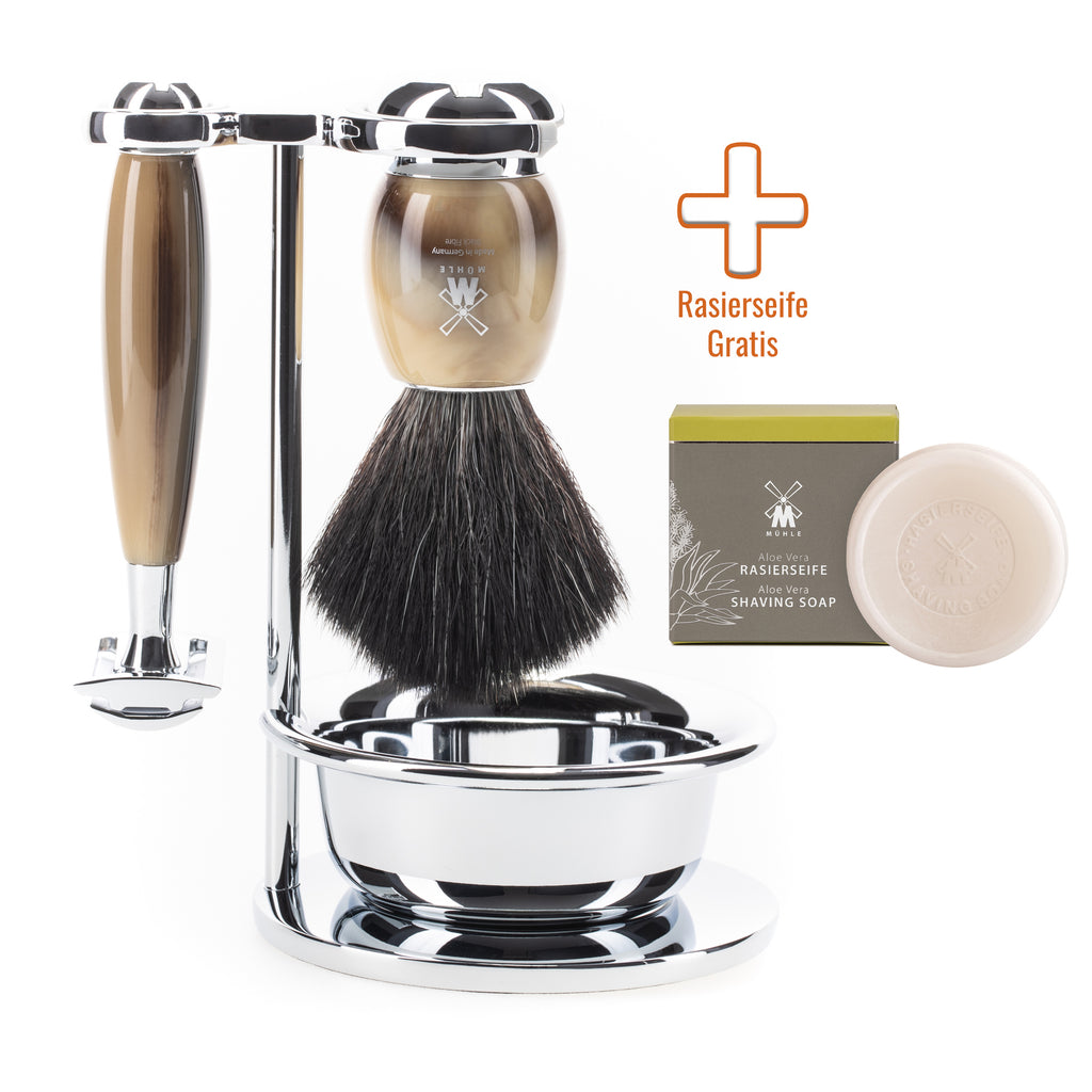 MÜHLE Vivo Rasierset 4 teilig aus Edelharz Hornbraun inkl. Rasierseife